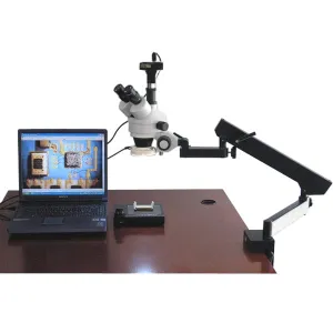 AmScope SM-6 Series Zoom Trinocular Stereo Microscope 7X-90X on Articulating Arm with Fluorescent Light and 1.3MP Digital Camera