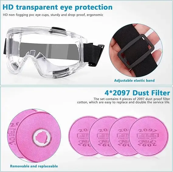 ELMAS Reusable Half Face Mask with 6 Filters & Goggles