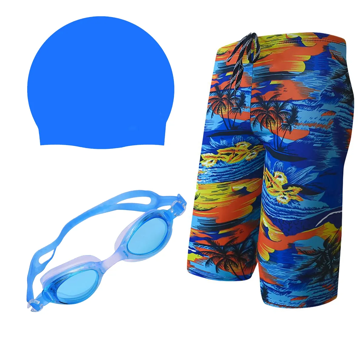 Fancydresswale Swimming kit for boys, Swimming short, Swimming goggle and silicon cap- 11 designs- free size fits to 60-75kg